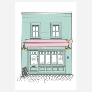 Illustration of Crumbs & Doilies Soho storefront in soft colors on Crumbs & Doilies Tea Towel design.
